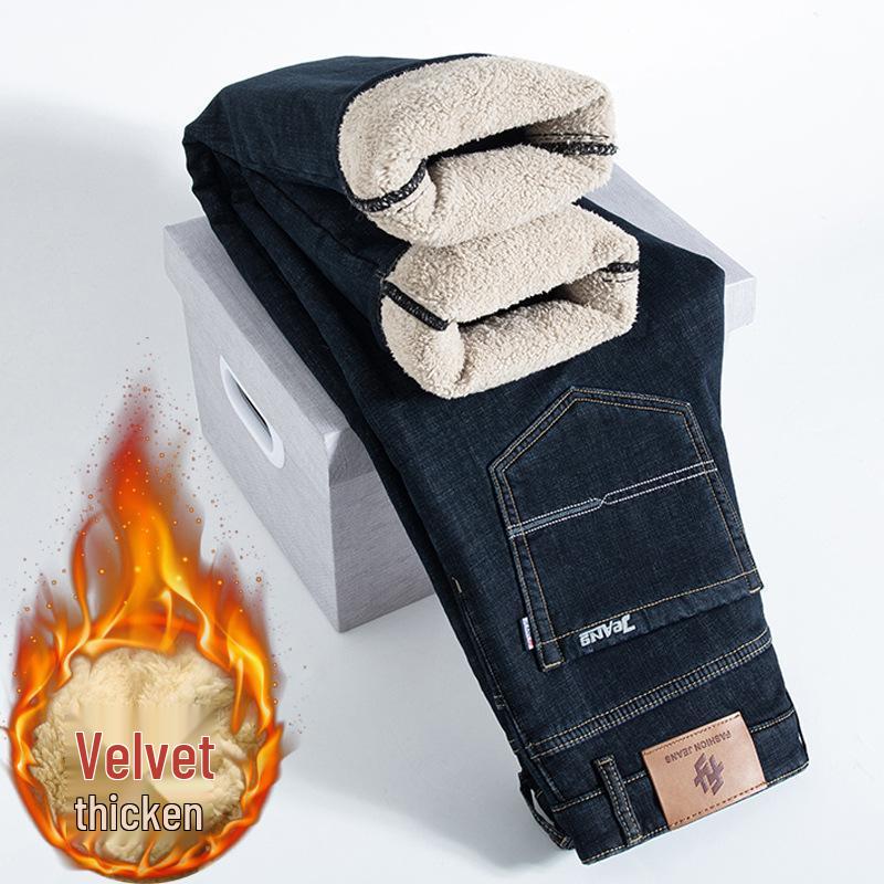 Men's Lambswool Fleece-Lined Winter Jeans - Warm, Loose, Straight-Leg Casual Pants