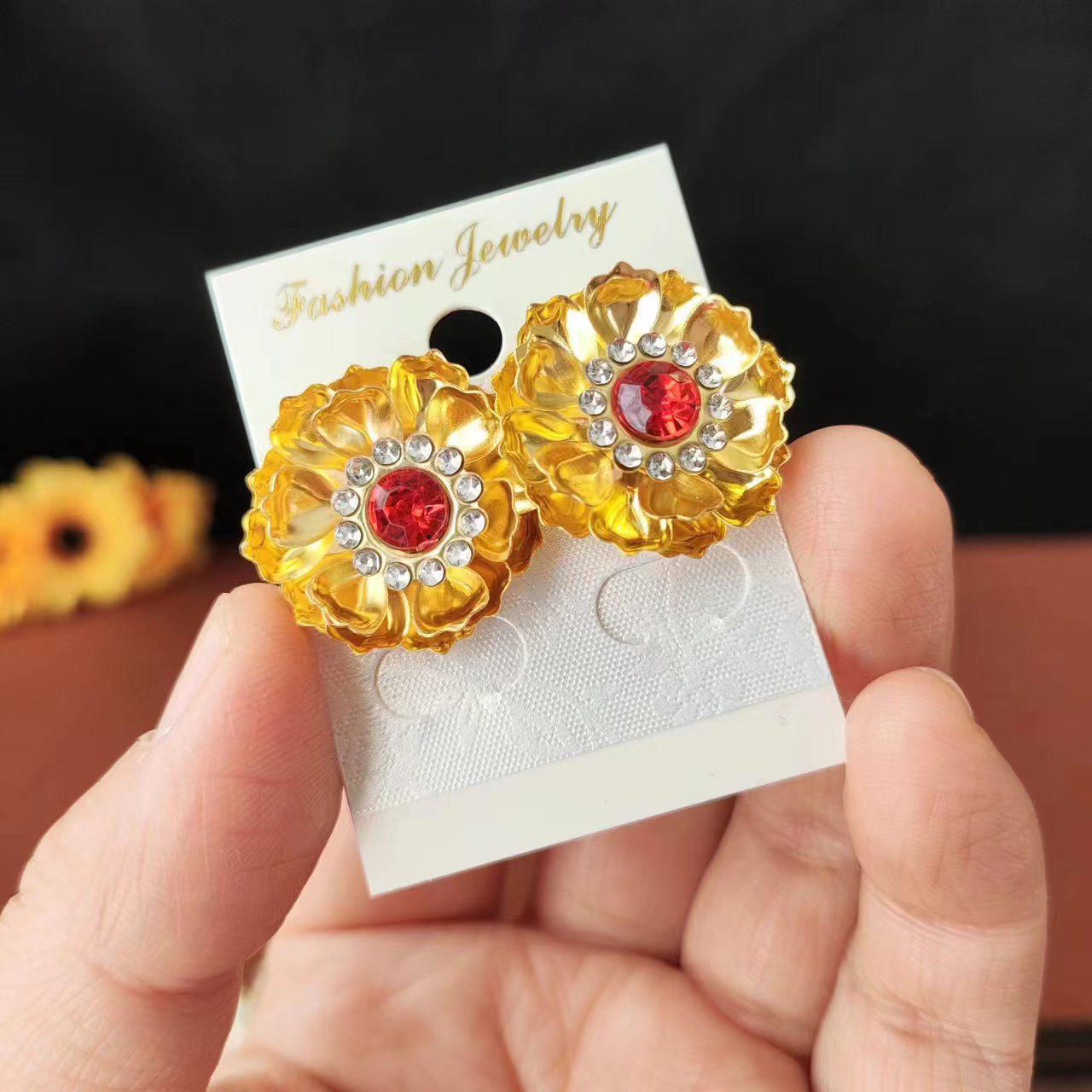 Yunnan Dai Ethnic Gold Earrings with Floral Pattern and Diamond Insets
