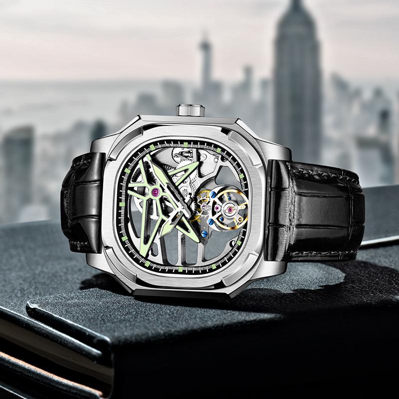 Swiss High-End Men's Mechanical Tourbillon Watch with Leather Strap