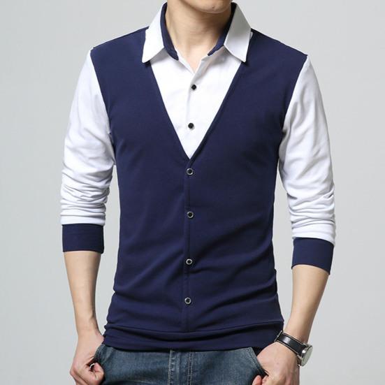 Maglia a maniche lunghe Patchwork Colorata da uomo Finto due pezzi Slim con colletto rovesciato Pullover per l'uso quotidiano