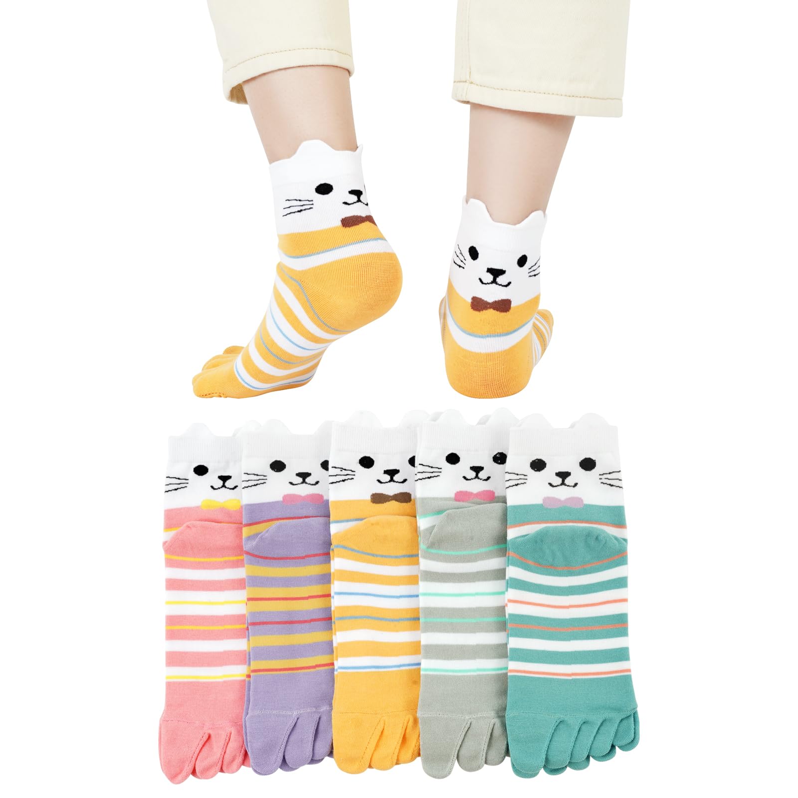 

DAMILY Милые и Кошачьи Теплые и Короткие Женские Носки с Пятью Пальцами, Весна/Лето, Хлопок, Нескользящие, Стильные, С Принтом, Удобные, До Щиколотки, Дышащие,
