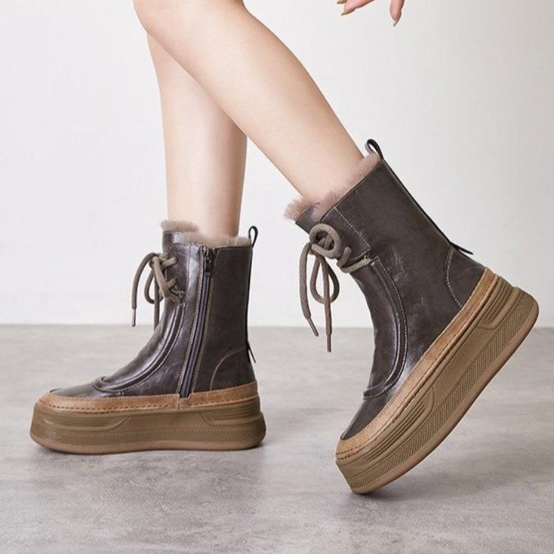Thick-soled Fleece Snow Boots for Women, Fleece Thickened Height-increasing Mid-calf Boots, and Warm Cotton Shoes