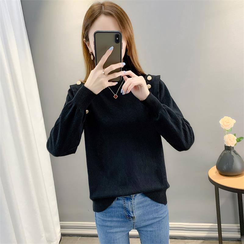 2024 Autumn and Winter New Button Sweater Tops Women's Pullover Half Turtleneck Sweater Thickened Bottoming Shirt Women