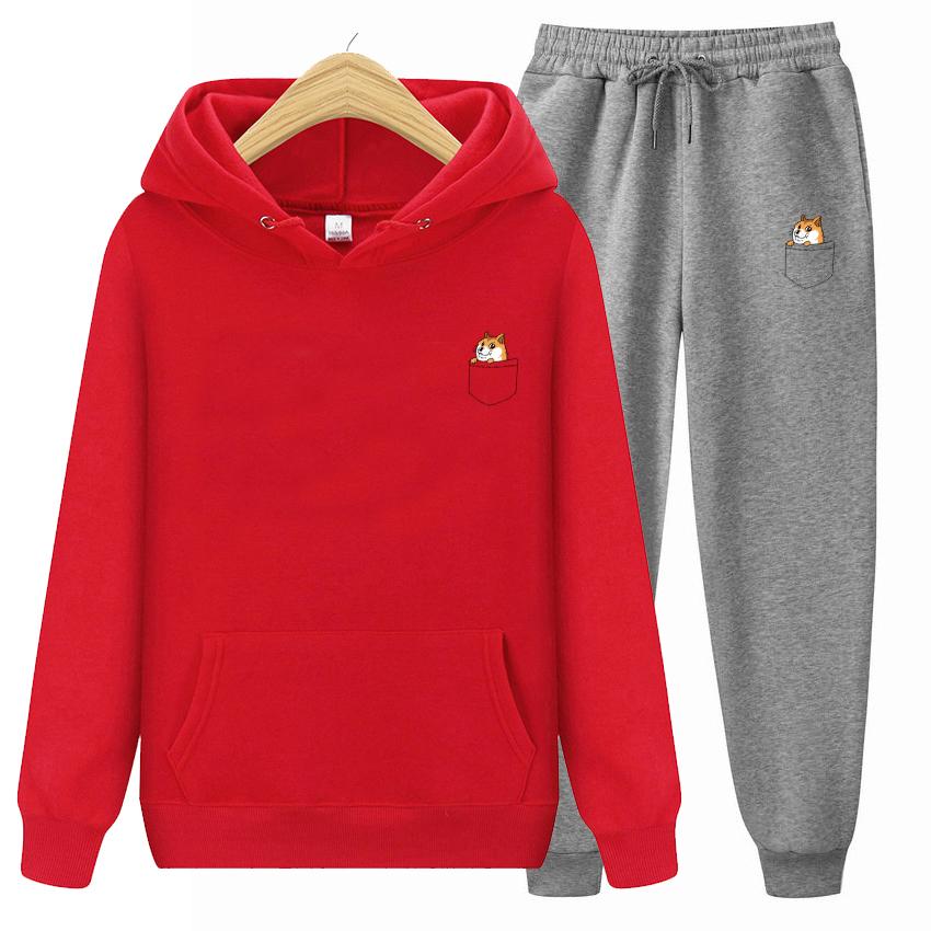 Nové Dámské Podzimní Kapsa Kočka Nápis Potisk Mikiny+Kalhoty Ležérní Mikiny Mikina Sportovní oblečení Pánská Fleecová Bunda s Kapucí