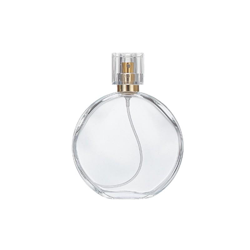 High-End Transparent Glass Perfume Bottle, Flat Round Bayonet, 30-50ml Press Spray