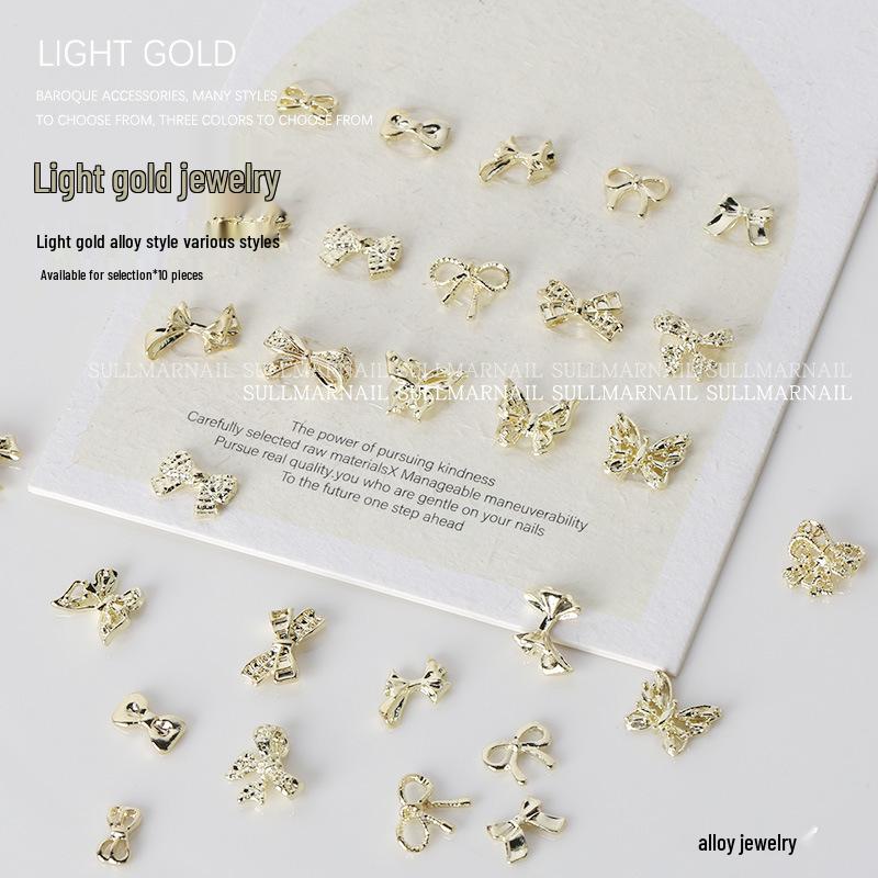Golden Butterfly 3D Nail Art Set - 10 Pieces of Light Gold Ribbon Bow Decorations