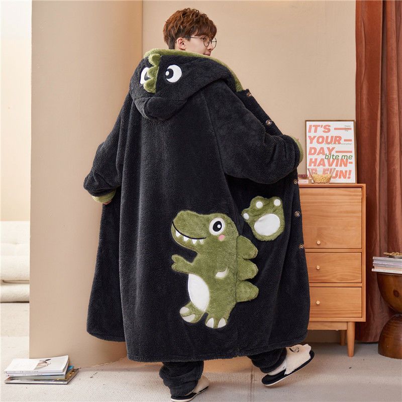 Autumn and Winter Pajamas Suit Men Coral Fleece Nightgown Winter Large Size of Thickened Warm Cartoon Hooded Home Clothes Set