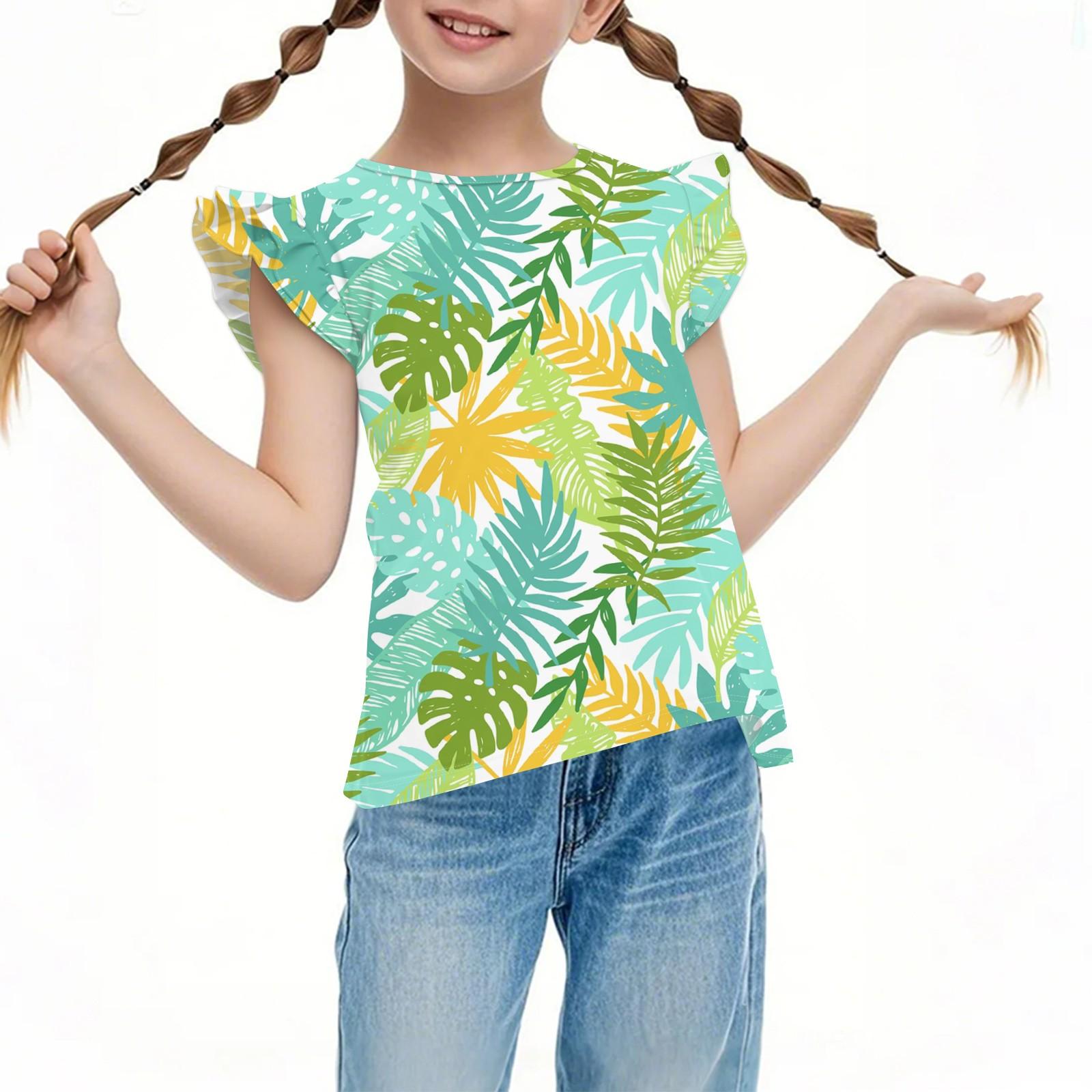 

Детский повседневный топ с короткими рукавами, плиссированный, милый, с гавайским принтом, с круглым вырезом 130