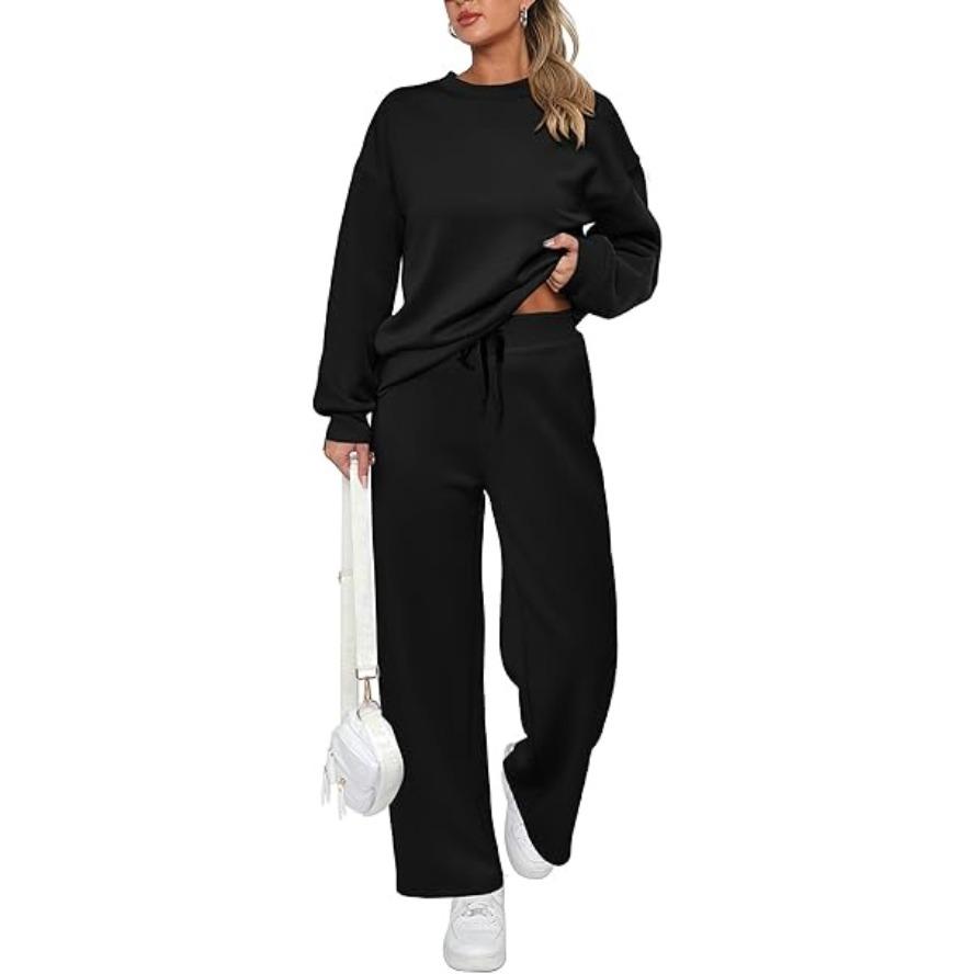 VEZFAA Damenmode Casual Frühling Herbst Einfarbig Druck Langarm O-Ausschnitt Hosen Hosen Anzüge
