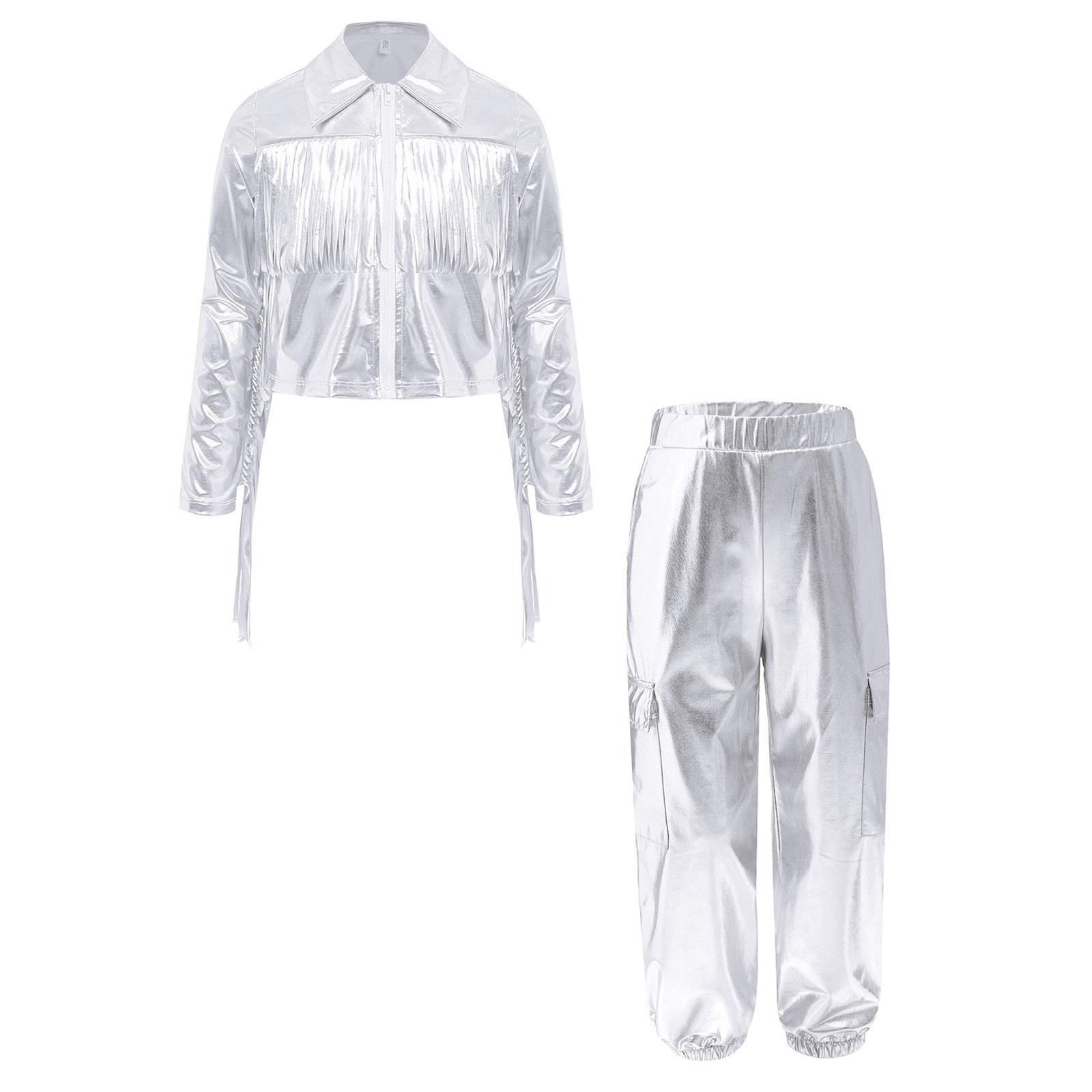 

Girls Long Sleeve Jacket and Pants Set with Zipper and Tassels for Jazz Performance 5-6 Years