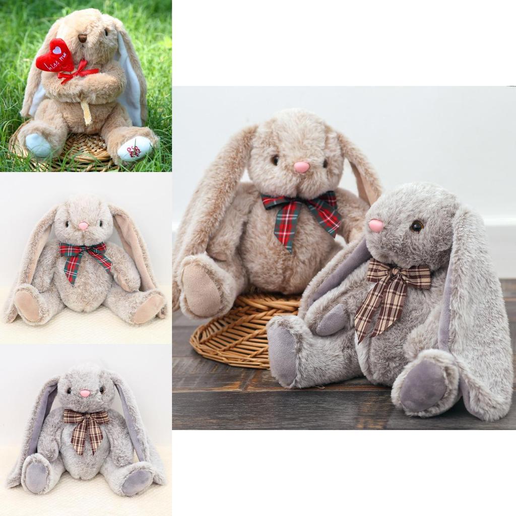 Plush Rabbit Toy With Checkered Bow Decor For Kids Gift And Home Decor