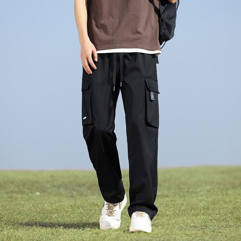 Mens Loose Straight Fit Cargo Pants Lightweight Workwear Trousers With Drawstring Waist Multiple Pockets