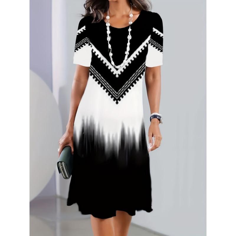 Fashionable Women s Spring and Summer Striped Tie Dye Print Short Sleeve Dress S