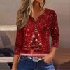 Women's Fashion Casual Christmas Tree Print V-Neck Decorative Button Three-Quarter Sleeve T-Shirt Top