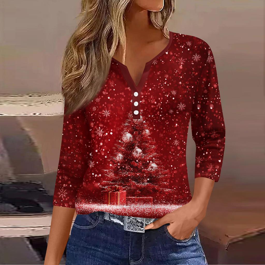 Women's Fashion Casual Christmas Tree Print V-Neck Decorative Button Three-Quarter Sleeve T-Shirt Top