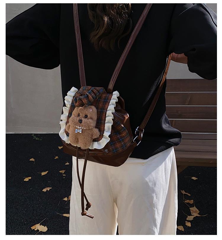 2025 Autumn/Winter Cute Bear Plaid Mini Backpack for Women