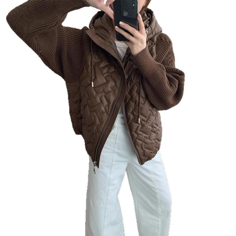 Spring New Splicing Cotton Clothes Hooded Knitted Cardigan Loose High-end Zipper Sweater Jacket Women