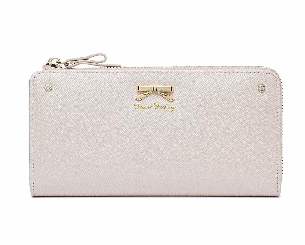 Fair Fairy Women's Wallet, Simple Ribbon, L-Zip, Genuine Cowhide Leather, Elegant, Large Capacity, Cute, 160724 (Pink Beige)