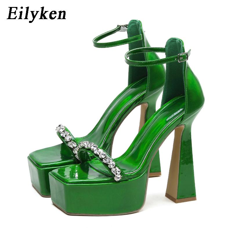 

Eilyken 2025 Brand CRYSTAL Buckle Strap Women Sandals Sexy Thick High Heels Platform Gladiator Dress Party Summer Shoes 35
