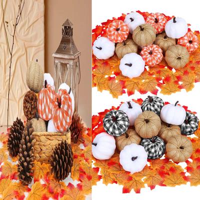 Sarzi 12 Pcs Mixed Artificial Pumpkins, Paintable White Fake Pumpkins Plaid Fabric Pumpkins For Fall Wedding Thanksgiving Halloween Indoor Outdoor