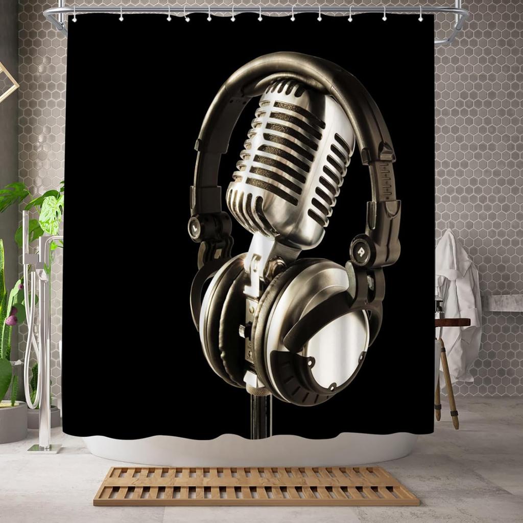 Music Shower Curtain Microphone Printed Black Shower Curtain 180x 180cm Polyester Fabric Bathroom Decoration