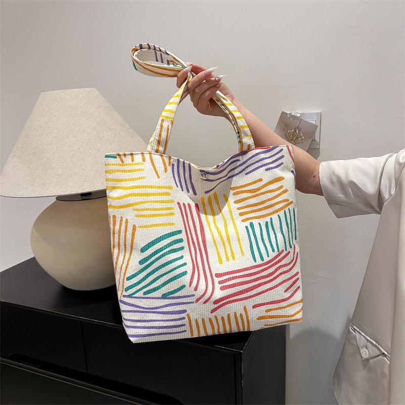 Fashionable Corduroy Canvas Tote Bag With Colorful Stripes And Large Capacity