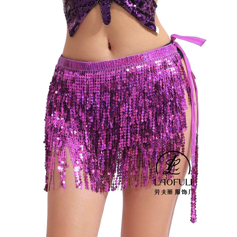 Women's Elastic Waist Sequin Fringe Mini Skirt Loose Fit Chiffon Dance Hip Scarf Belly Dance Performance Party Wrap Skirt