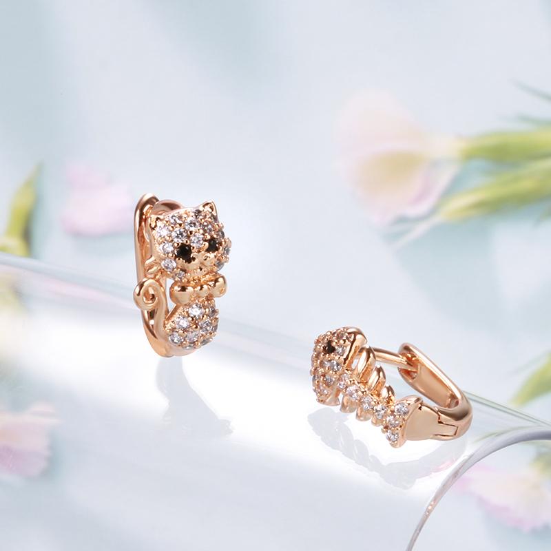 Kinel Luxury Cute Cat Fish Earrings For Girls 585 Rose Gold Natural Zircon Stud Earrings Children Baby Xmas Gifts Animal Jewelry
