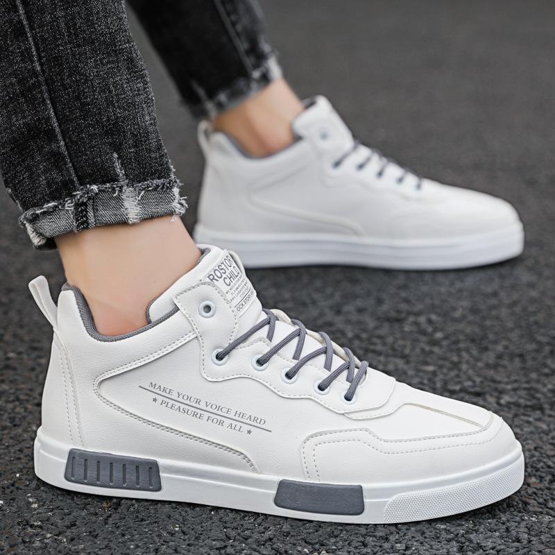 Men's Fall Breathable Casual PU Leather Shoes Front Lace Up Mid Top Board Shoes