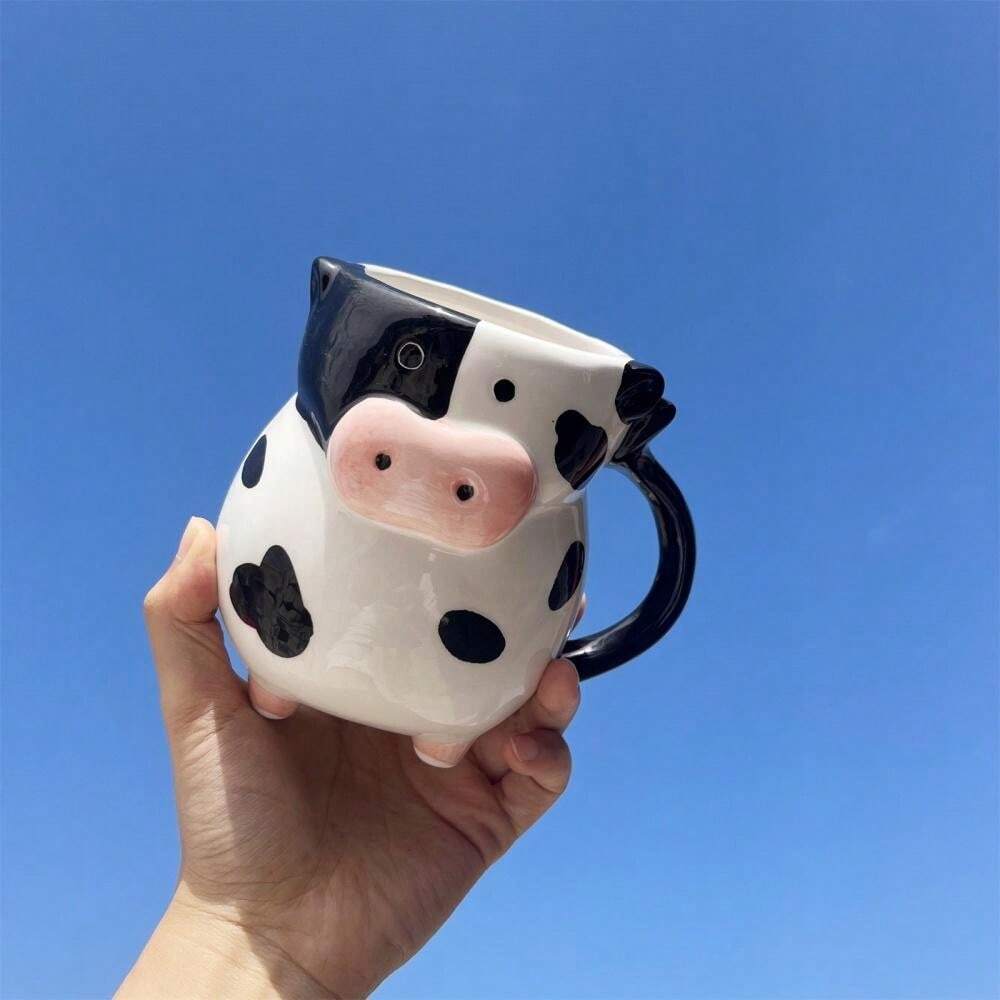 1pc Cute Cow Ceramic Mug, Handmade Large Capacity Milk Cup, Animal Themed Juice Cup, Birthday, Christmas, Valentine's Day Gift Back To School