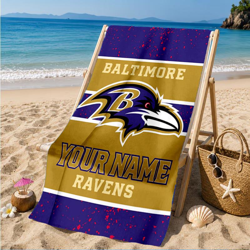 Custom Name football Ravens Logo Personalized Microfiber Beach Towel, Quick-Dry, Ideal for Summer Travel, Beach Essential, Swimming