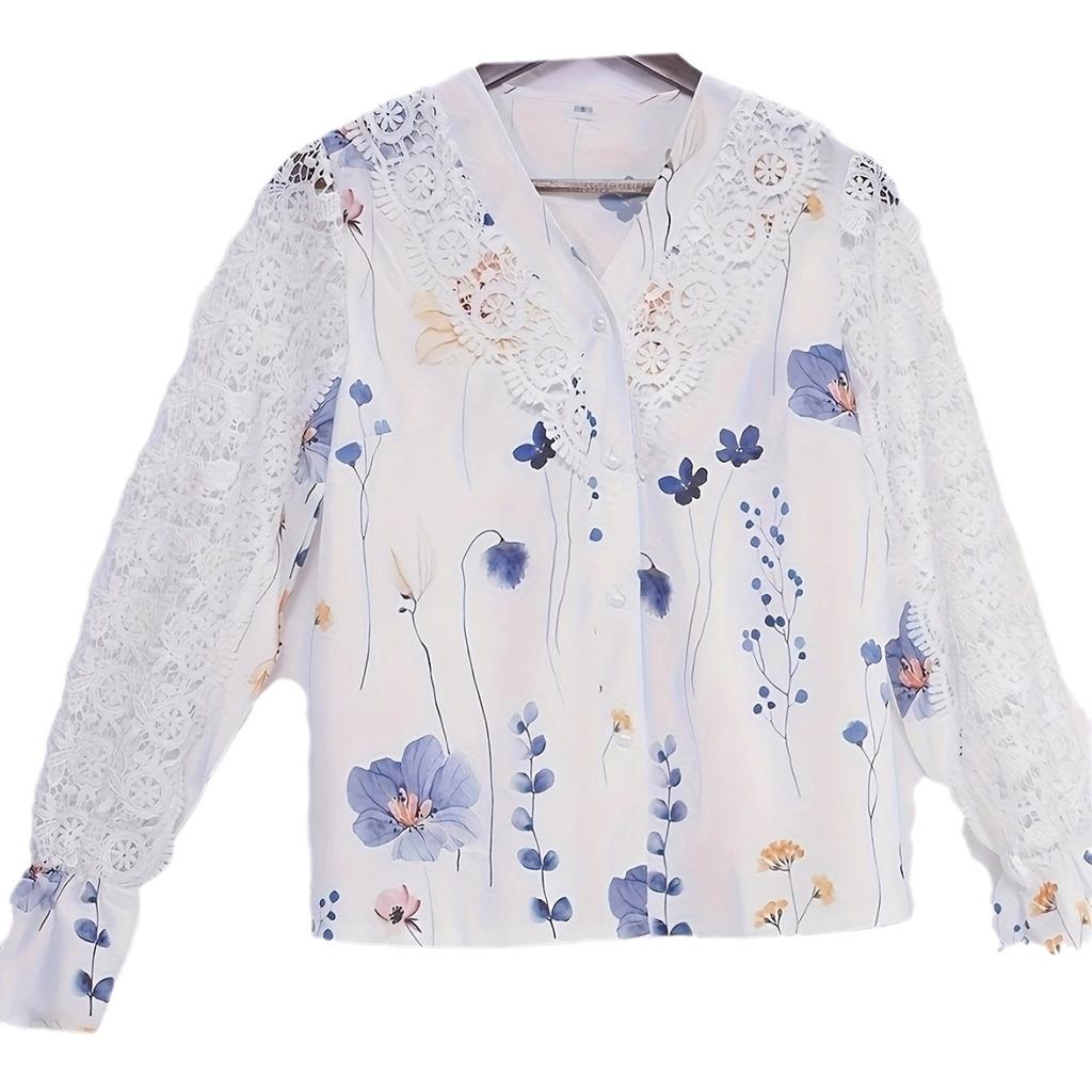 GMXIA Autumn Winter Women's Button-up Long Sleeve Shirt with Lace Lace