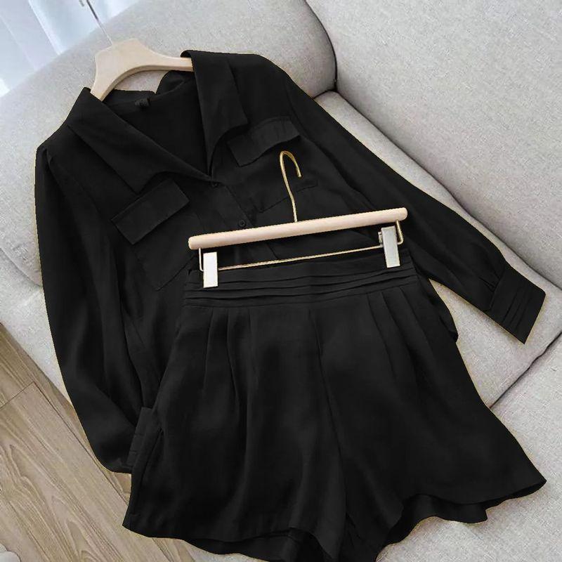 

Solid Color Collar Shirt Shorts Two-Piece Sets Shirt Shorts Two-piece Set black S