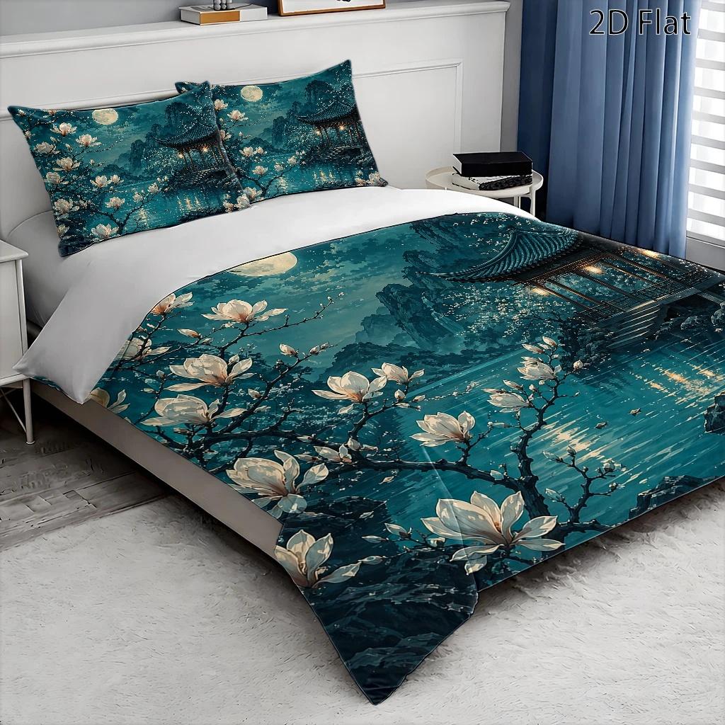 3-Piece Polyester Chinese Style Moonlit Night Magnolia Duvet Cover Set 200X230Cm Double Bed All Seasons Machine Washable