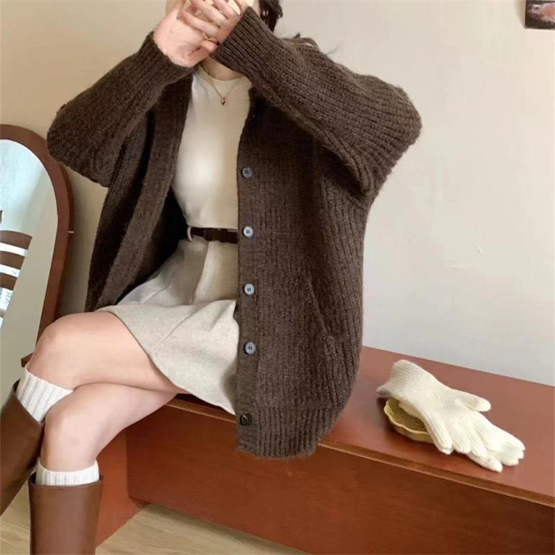 

Fashion casual hooded knitted cardigan women s autumn and winter new loose lazy style simple sweater jacket one size fits all темно-коричневого