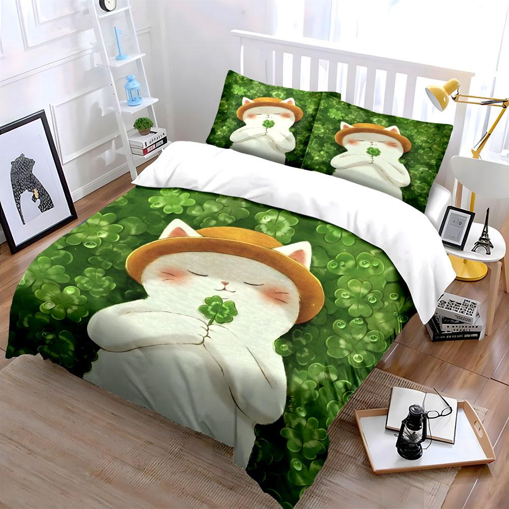 White Cat Holding Lucky Clover Printed Duvet Cover Set1 Duvet Cover+2 Pillowcasemulti Size Bedroom Bedding Decor Luxury Gifts