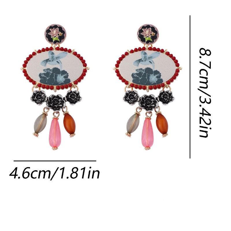 Vintage Ethnic Style Bohemian Fly Bird Printed Alloy Flower Water Drop Pendant Earrings For Women Banquet Party Jewelry Gifts