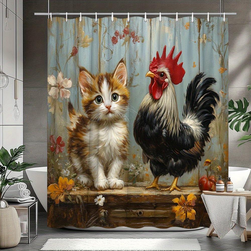 

Elegant Cat And The Rooster Washable Dirt-Resistant Shower Curtain Shower Head Waterproof Polyester Bath Curtain For Home Decor W60H190(CM)-1 Pcs