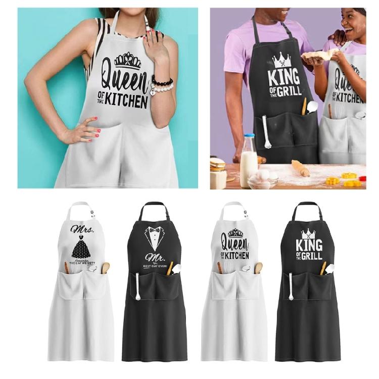 Protective Cooking Apron Adjustable Neck Strap With King Queen Mr Mrs Letter Design for Couple, Husband, Wife