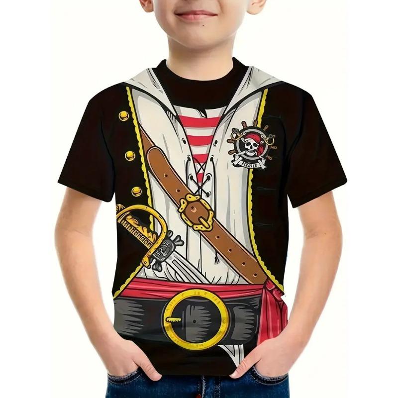 Summer Round Neck 3D False Two-piece Printed Top Role Playing Costume Fashionable Casual Short Sleeved Children's Boy T-shirts