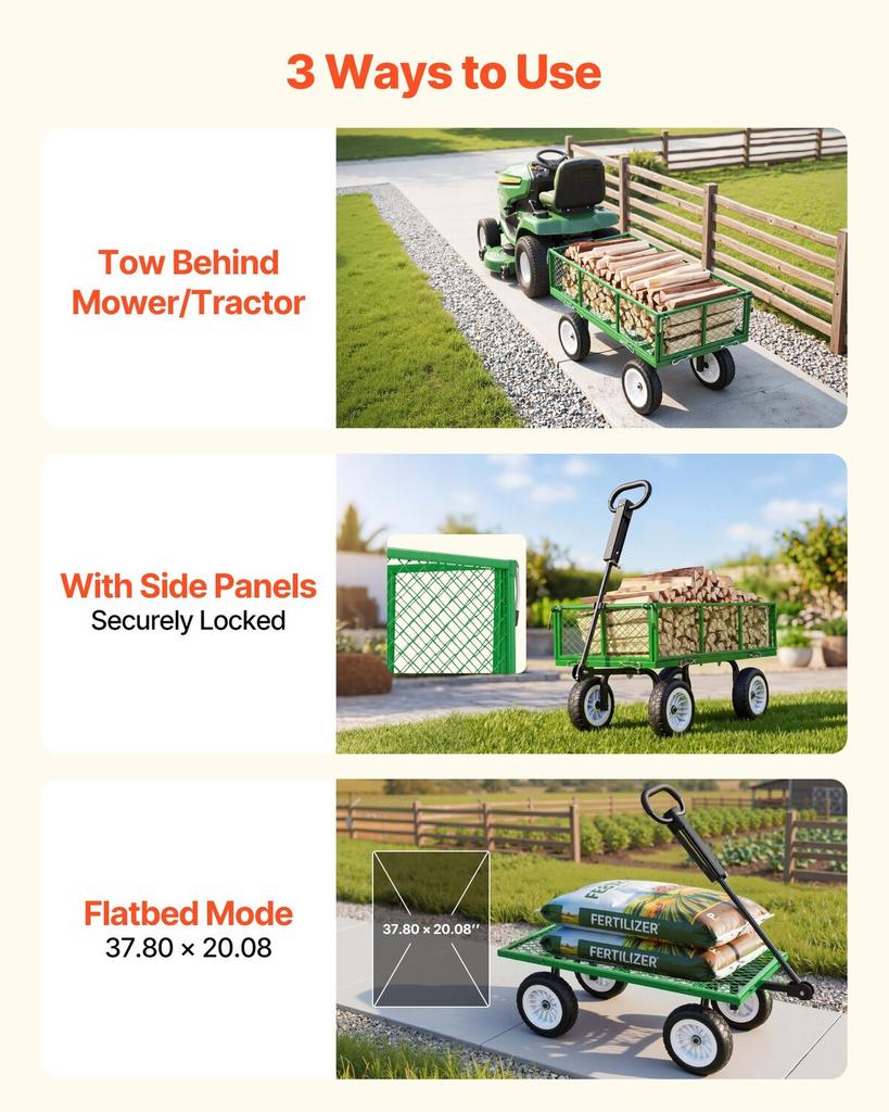 Garden Cart, 408.2 kg, Heavy Duty Steel Yard and Garden Utility Wagon with 10-Inch Tires, Outdoor Gardening Stool with Adjustable Handle, Detachable