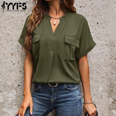 Camicette e camicie con scollo a V a maniche corte con stampa tinta unita estiva casual alla moda da donna