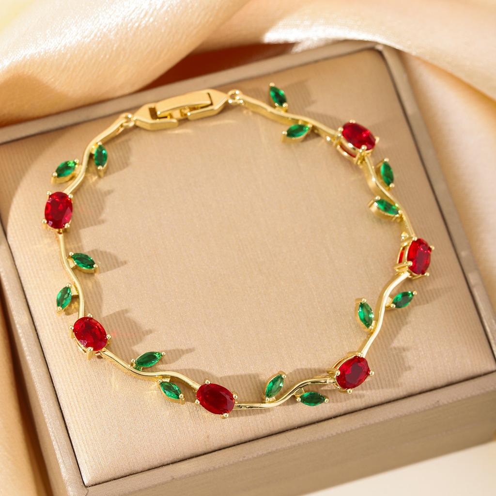 Luxury Gold-Plated Copper Zircon Leaf Bracelet, High Quality Jewelry