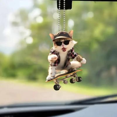 Adorable Cat Hanging Ornament Car Rearview Mirror Pendant with Lanyard Easy To Hang Animal Cat-Shaped