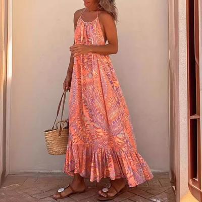 Summer Casual Style Women's Printed Long Dress with Halter Neckline and Wide Hemming