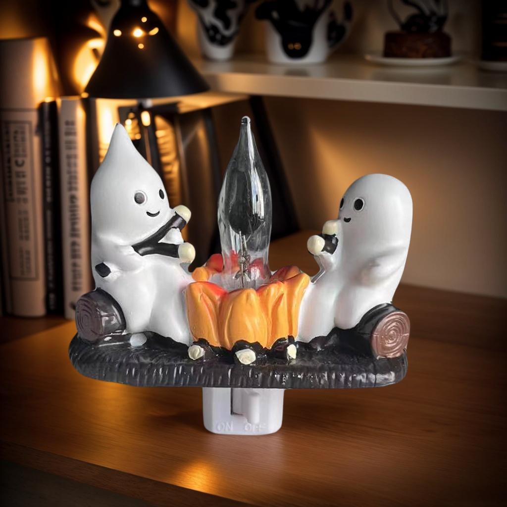 1 Halloween Ghost Figurine with Fire and Lights, Cute Ghost Design, Lighting Effect Atmosphere, Desktop Home Holiday Decoration Item