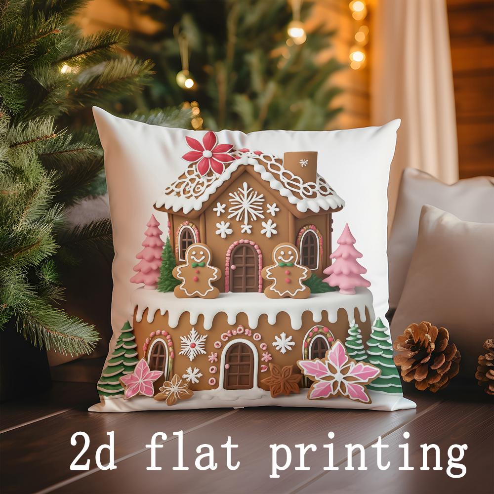 

Home Decor Christmas Gingerbread House & Tree Pillow Covers Pattern Cushion Cover Suitable for Sofa Bedroom Car Pillow Cover 16x16Inch