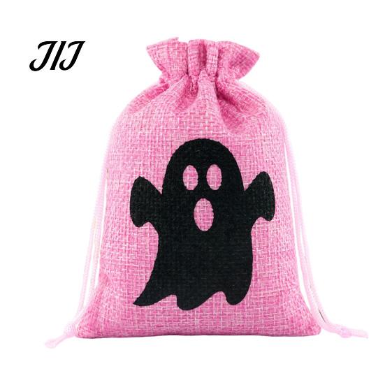 Cotton Linen Jewelry Bags Halloween Burlap Treat Bags, Pumpkin Ghost Bat Spider Witch Print Drawstring Gift Favors Candy Pouches for Cookies