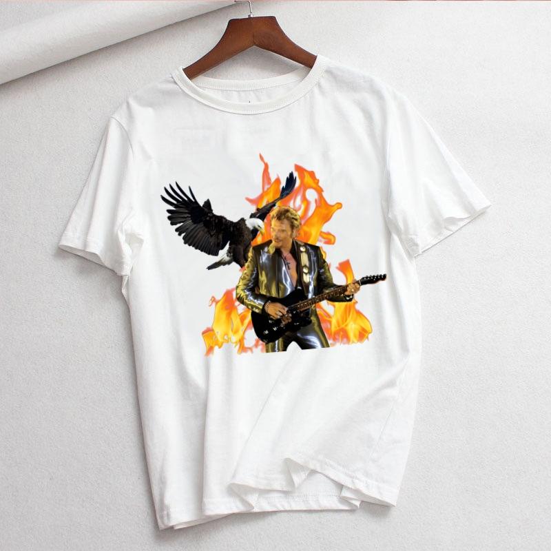 Johnny Hallyday Print T Shirt Women White and Black Shirts Fashion Round Neck Short Sleeve Cotton TShirt