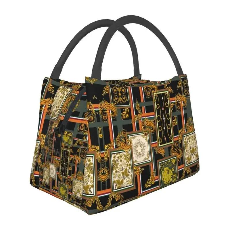 Luxury Golden Europe Floral Insulated Lunch Bag for Work Office Leakproof Thermal Cooler Lunch Box Women